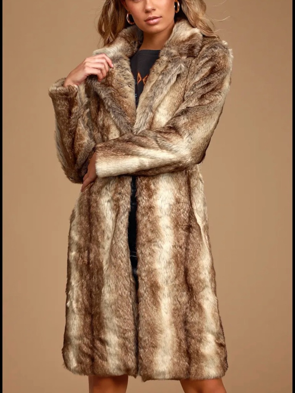 NWT Lulus Haute Couture Tan Faux Mink Long Coat Brown - Size M